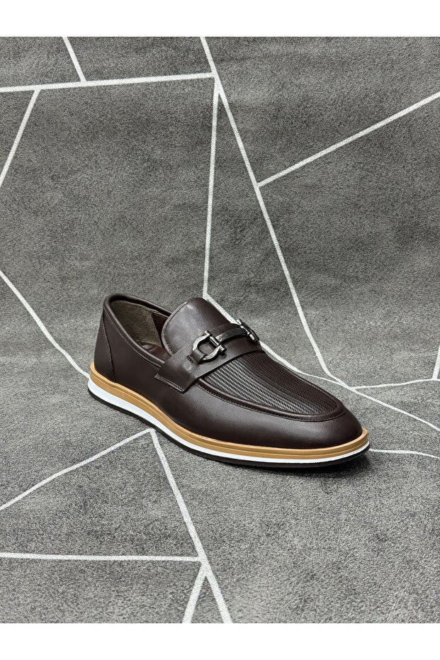 Brown Genuine Leather Buckle Loafer Shoes