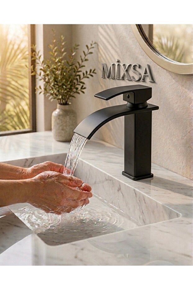 Matte Black Basin Faucet - Modern Bathroom Faucet with Waterfall Flow, Fixed Sink with Dual Water Inlets
