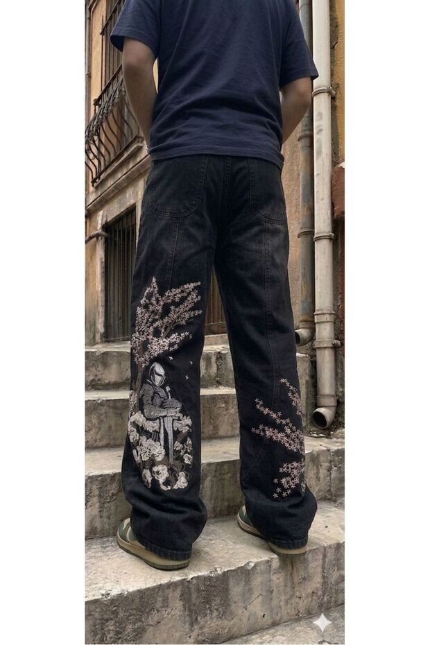 Samurai Sakura Flower Embroidery Detail Baggy Trousers