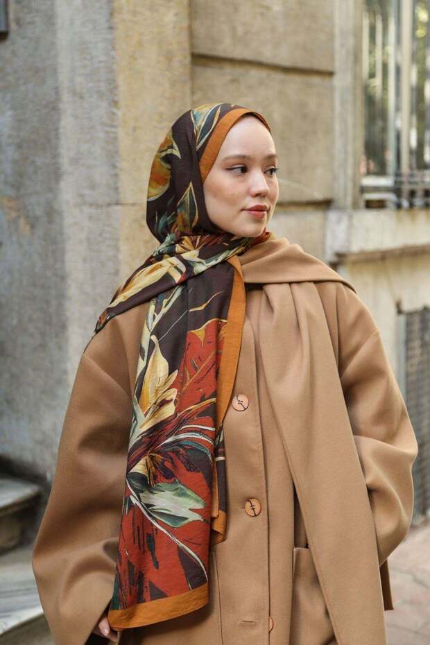 Noa Floral Patterned Shawl - Bitter Brown-Orange