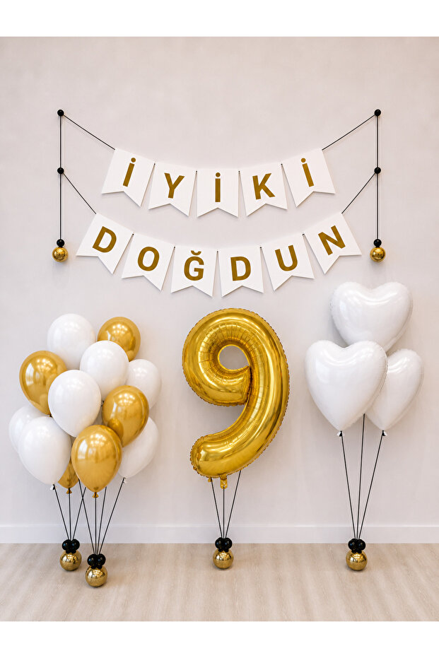 Happy Birthday White Gold Balloon Set -9-