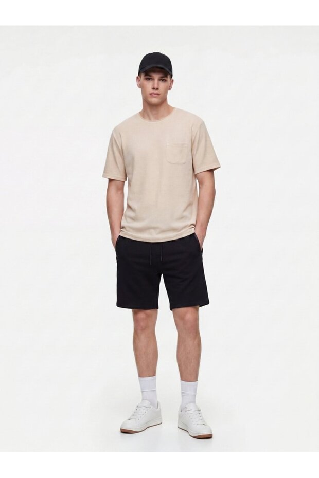 Cut-Out Round Neck Pique Cream T-Shirt