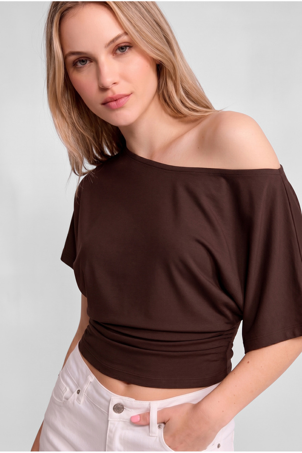 Brown Ultra Premium Soft Fitted Boat Neck Short Sleeve Blouse