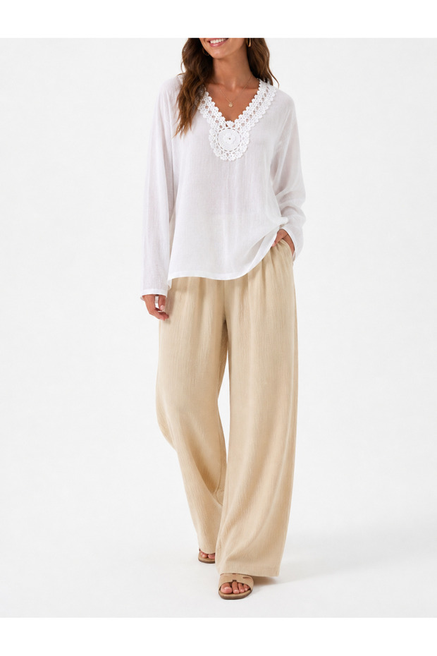100% Cotton Hand Knitted Blouse with Collar Detail