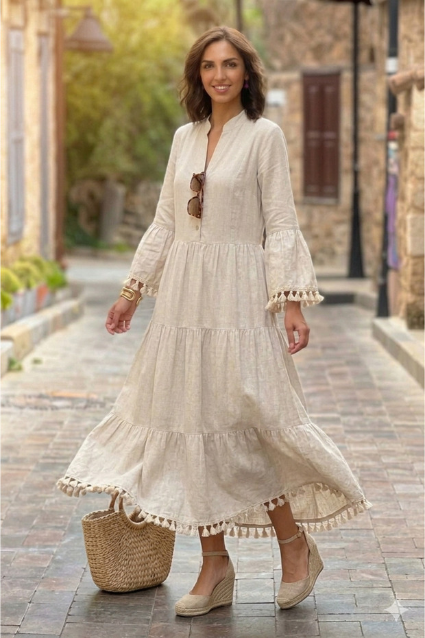 Cream Color Tasseled Linen Dress
