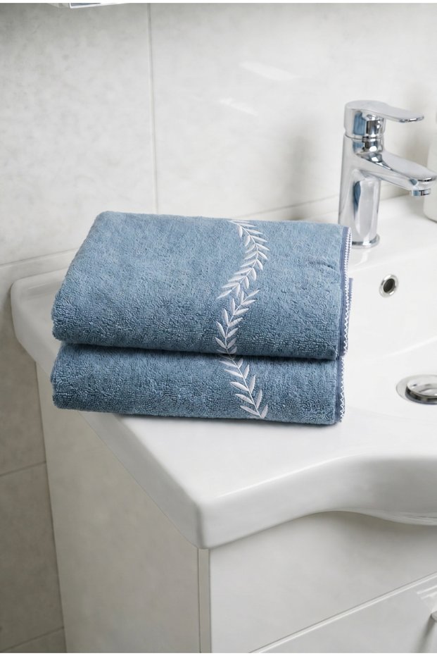 Set of 2 Microcotton 100% Cotton Embroidered Hand-Face Towels 50X100 Blue