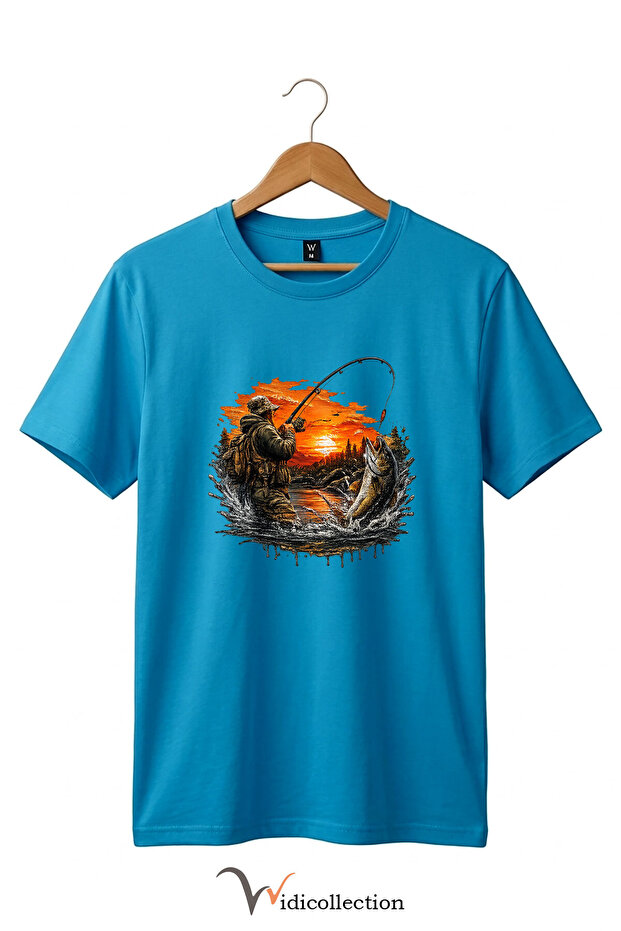 Pike Fish Fisherman Pike Sunset and Nature View Sporty Outdoor 100% Cotton Basic T-Shirt