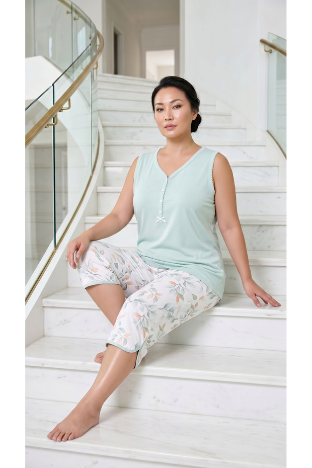 26526 100% Cotton Women's Capri Set Bermuda Set Flower Patterned Large Size Tank Top Capri Set