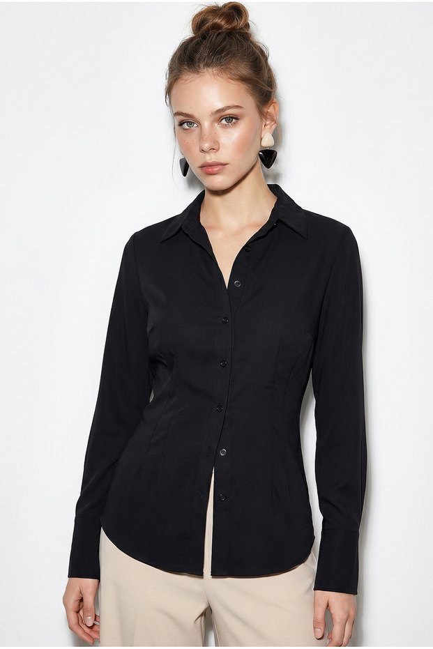 Women's Black Tie-Dye Detailed Waist-Fitted Cotton Shirt Dg261012 60286239