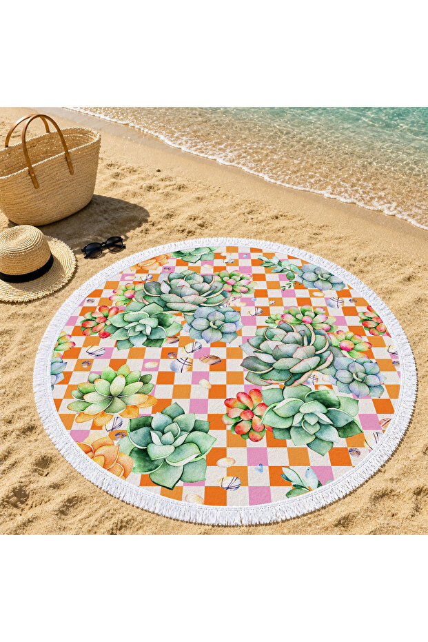 Orange Checkerboard Patterned Succulent Patterned 150 cm Round Beach Towel