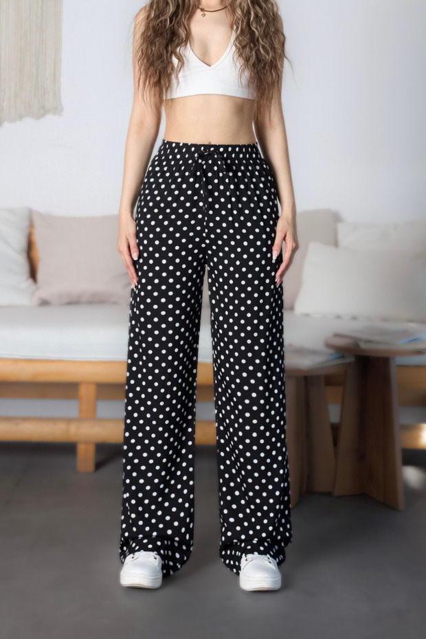 Women's High Waist Polka Dot Patterned Viscose Fabric Loose Cut Trousers