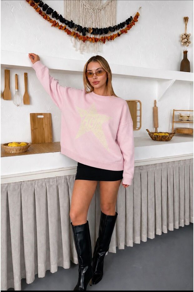 Women's Yildiz Oversize Knitwear Pink Sweater - Soft Textured Crew Neck