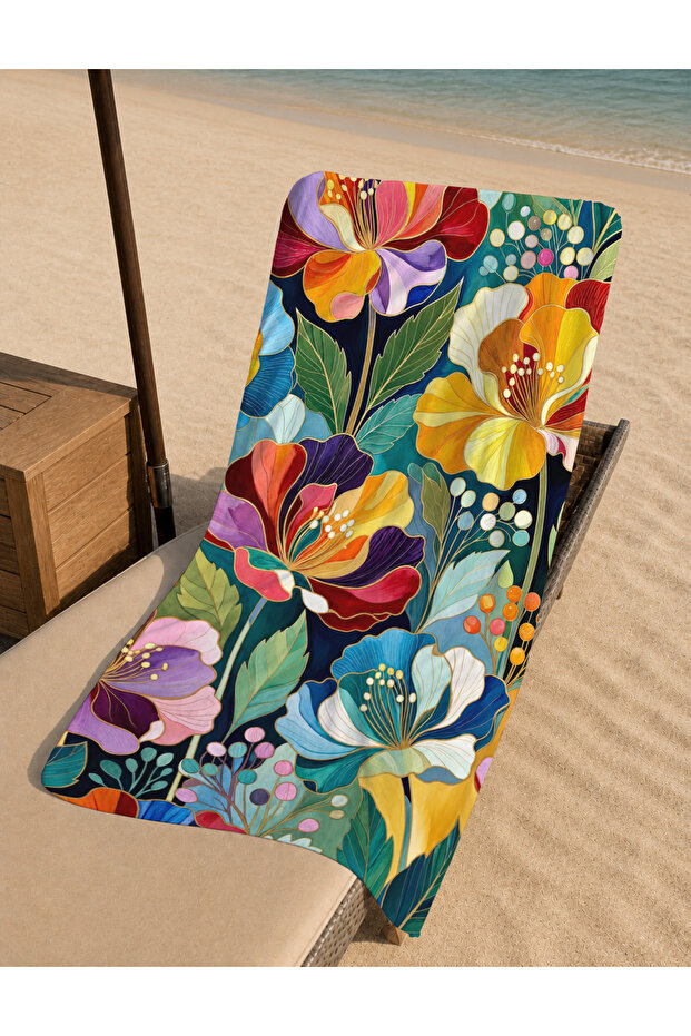 Exotic Dark Background Large Floral Pattern Beach Towel