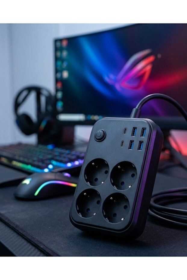 مقبس متعدد مزود بحماية من التيار الكهربائي، 4 منافذ USB، 2 4 مقابس، آمن وموثوق.