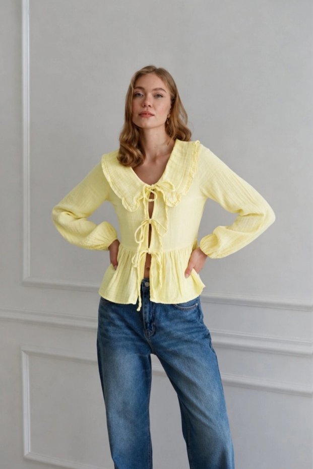 Women's Lemon Yellow Bohemian Style Tie-Front Baby Collar Long Sleeve Muslin Blouse