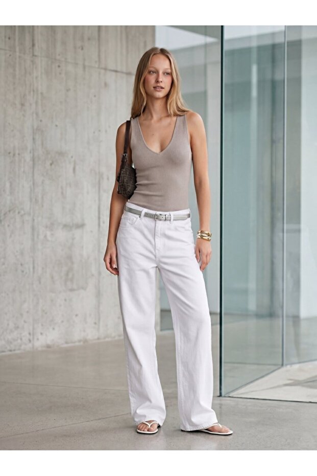 Deep V-Neck Lycra Beige Undershirt
