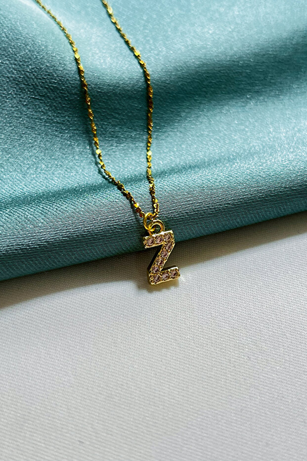 Zircon Stone Minimal Letter Steel Chain Necklace