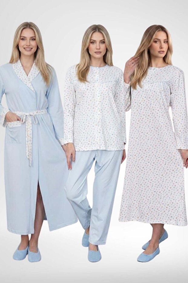 Mecit 6386 Blue Large Size Women's Dressing Gown Buttoned Pajamas and Long Sleeve Nightgown Set
