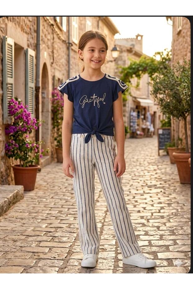 Girl's Linen Trousers and Tie-Front T-Shirt 2-Piece Set