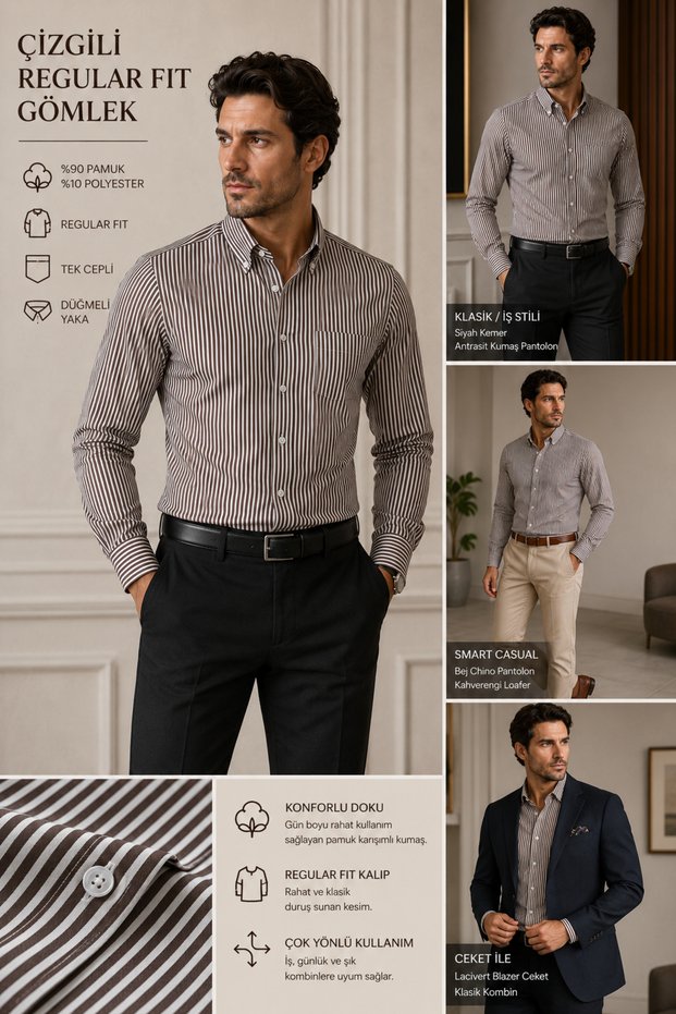 Long Sleeve Regular Fit Brown Striped Collared Buttoned 100% Cotton Classic Men's Shirt with Pockets