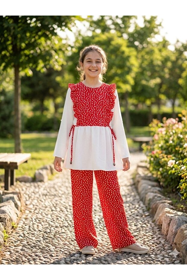 Girl's Polka Dot Ruffle Detailed Set – Comfortable Fit Stylish Blouse and Pants Combination (Viscose Fabric for Spring and Summer)