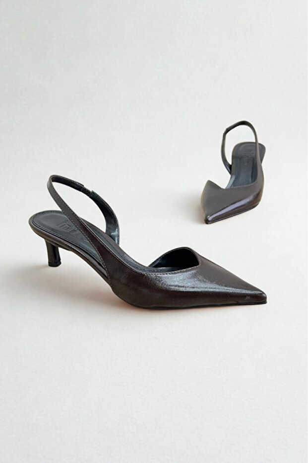 Brown Patent Leather Open-Toe Low Heel Stiletto F385