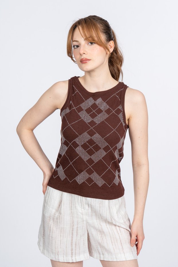 Women's Summer Coffee Color Glitter Stone Camisole Athlete Blouse Stylish Daily 8600