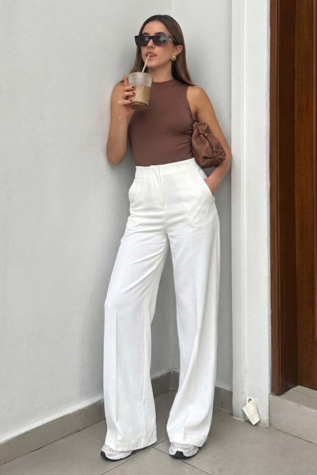 White Premium High Waist Pleated Trousers Mg2717