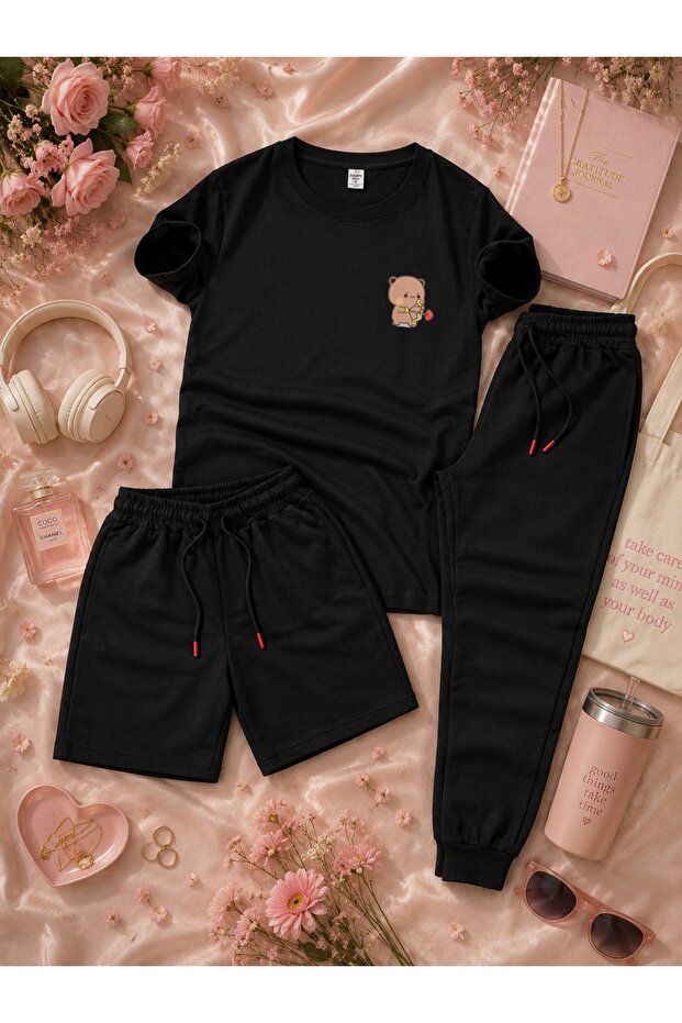 3-Piece Stylish Printed Black Tracksuit Set (Shorts-T-Shirt-Sweatpants)