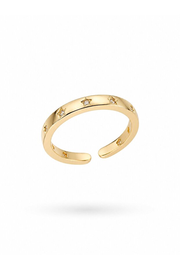 Brass Gold Color Star Detailed Wedding Ring Model Women's Ring