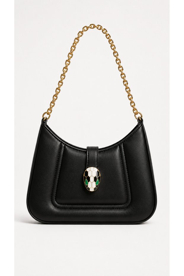 Black Leather Look Gold Color Chain Strap Women's Shoulder Bag with Snake Figure Detail