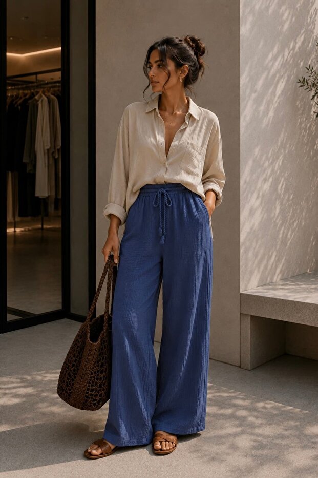 100% Cotton Muslin Fabric Wide Leg Women's Trousers My3535