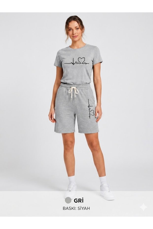 T-Shirt Shorts 2-Piece Combination Sweat-Absorbing Rhythmic Heart Printed Women's / Girls' Model
