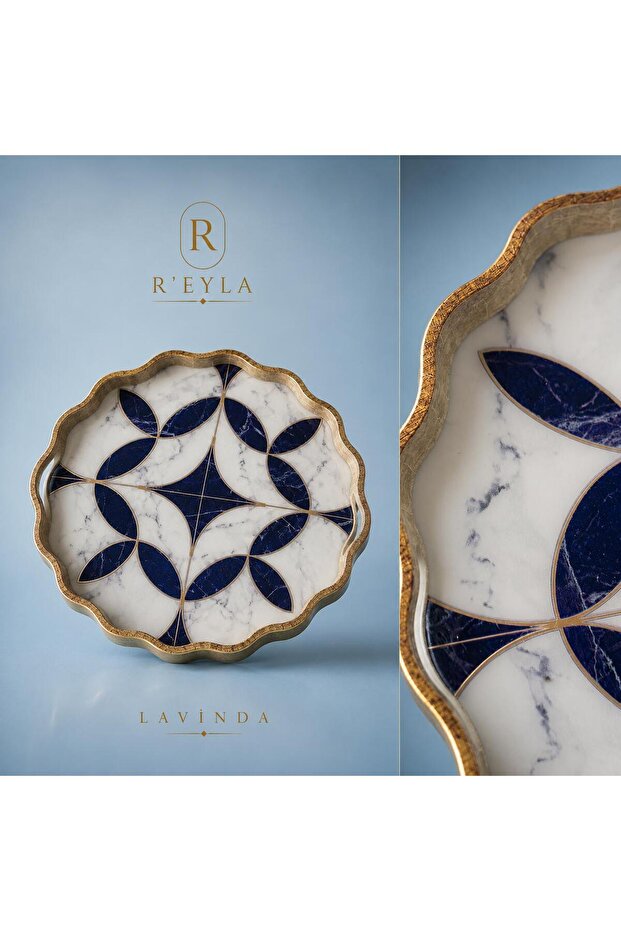 R'Eyla Lavinda Decorative Tray 38 cm | Navy Blue Marble Patterned Luxury Glass Presentation Tray