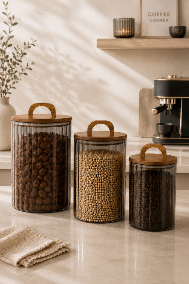 Set of 3 Storage Jars with Bamboo Lids 3200 ml 2450 ml 1750 ml Transparent Non-Toxic Coffee Pasta Jar
