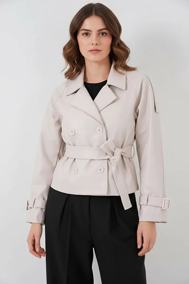 Women's Classic Collar Belted Double Button Ecru Jacket