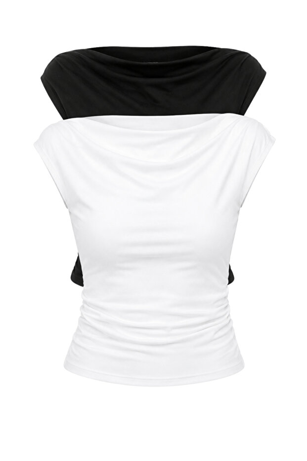 Women's Black and White Degaje Collar Side Gathered Detailed Lycra Double Blouse 6157 60286227