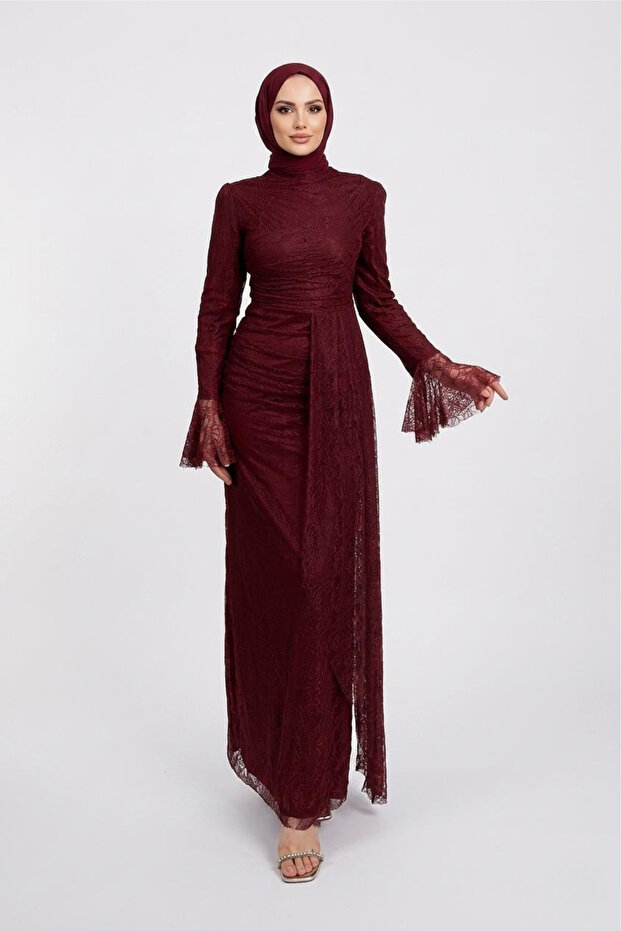 Cavisa Spanish Sleeve Lace Fabric Lined Hijab Evening Dress