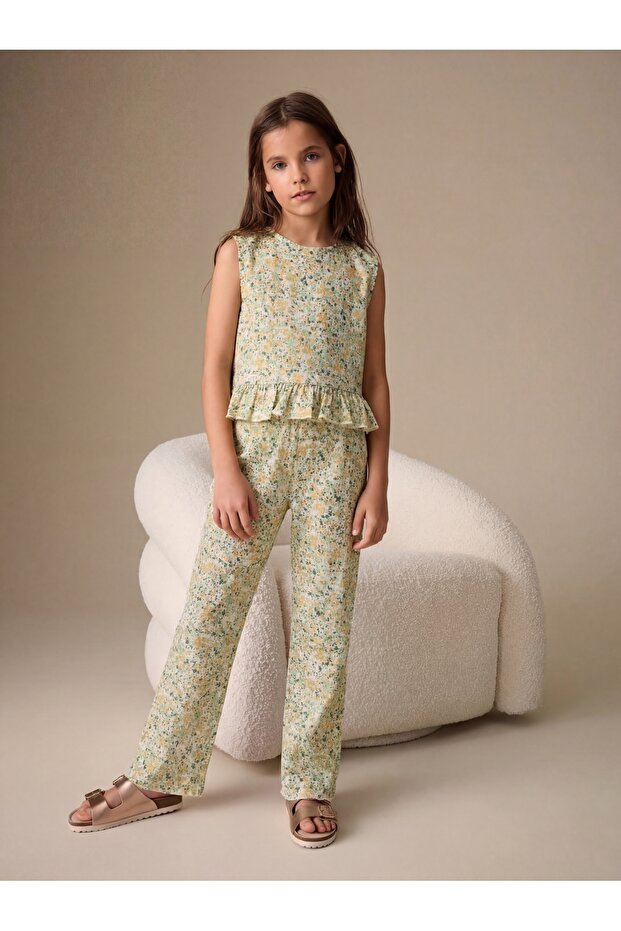 Girl's Crinkle Pants and Blouse 2-Piece Set Floral Patterned Green