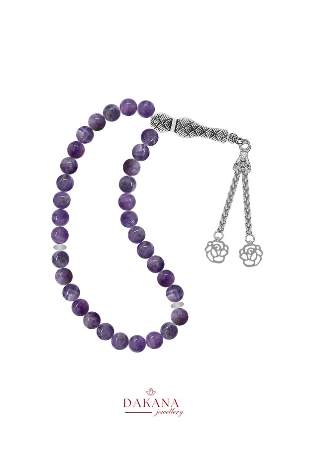 Certified 8 mm Amethyst Stone Lotus Flower Steel Tassel Natural Stone Prayer Beads