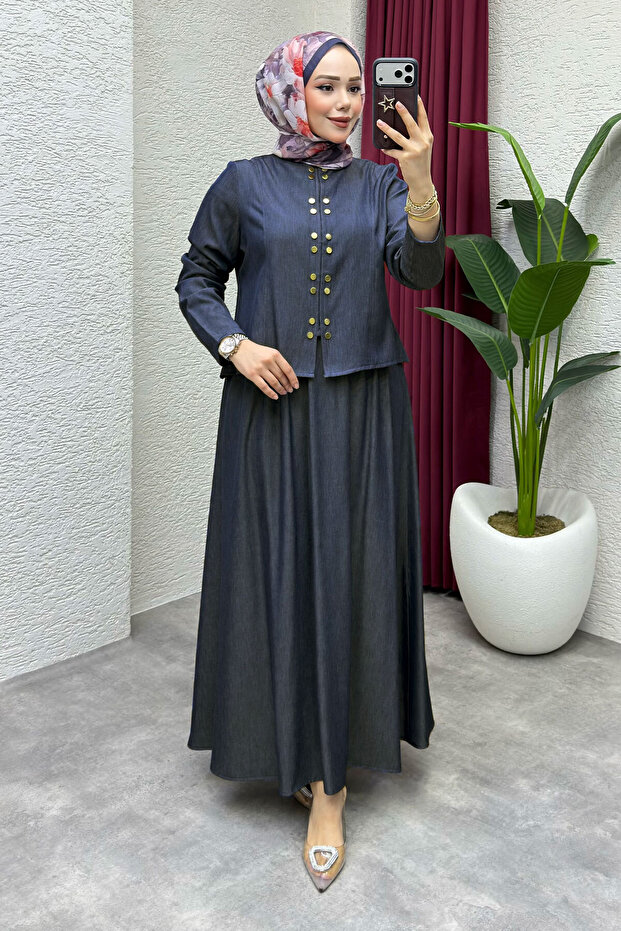 Suits with Skirt and Snap Fasteners on the Front Tsd260204 Dark Blue
