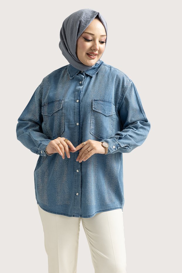 5820 - Stylish, Comfortable, Slim Denim Women's Shirt with Stone Detail