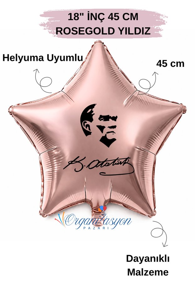 18 Inch Rosegold Star Foil Balloon |   Ataturk Printed |   Ataturk's Signature |   Helium Compatible