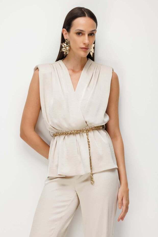 Chain Belted Draped Blouse - 1