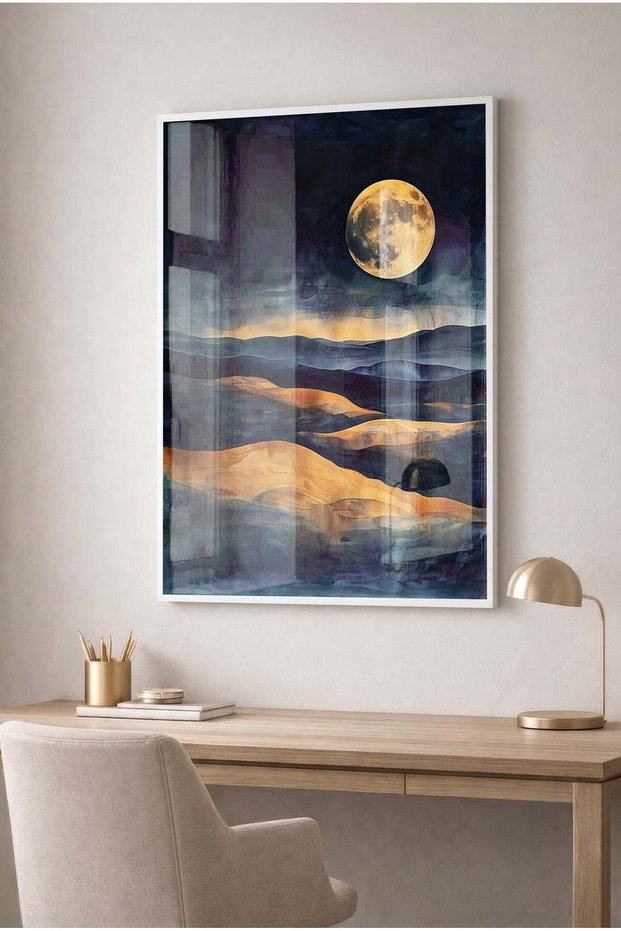 Night View Moon and Golden Hills Themed Glass Painting - White Metal Framed Painting for Home, Business, and School