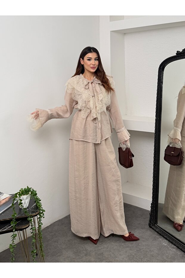Lace and Ruffle Detailed Tie-Neck Slim Modal Shirt and Wide-Leg Pants Set 5325