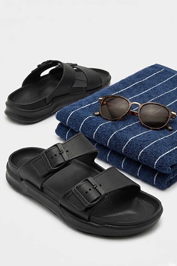 Men's Black Casual Slippers - Comfortable Anatomical Sole Double Buckle Summer Slippers