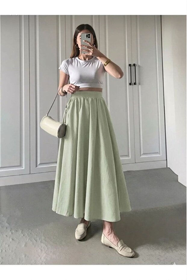 Water Green Double Skirt with Elastic Waist and Pockets