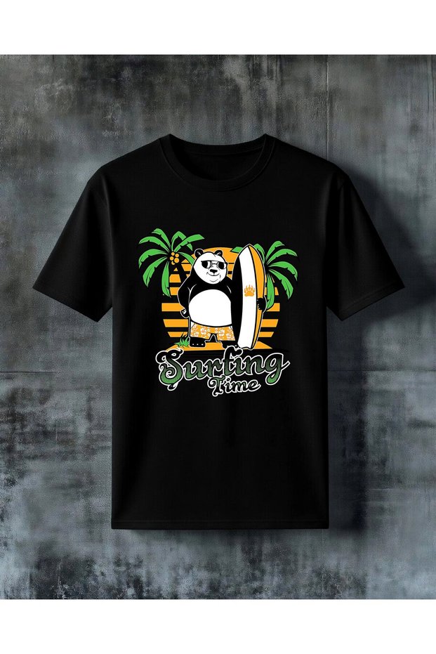تي شيرت كبير الحجم مطبوع عليه surfing time panda beach