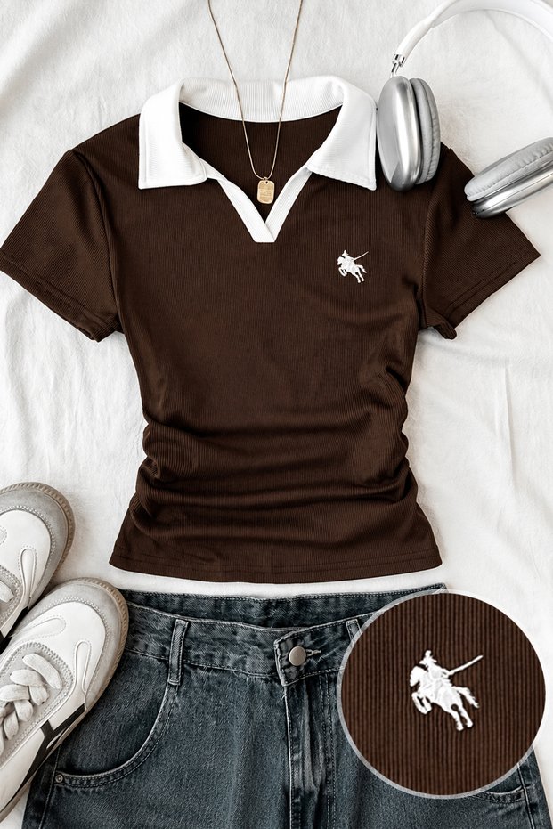 Soul Brown Polo Collar Ribbed Lycra Embroidered Premium Drawstring Full Length Blouse
